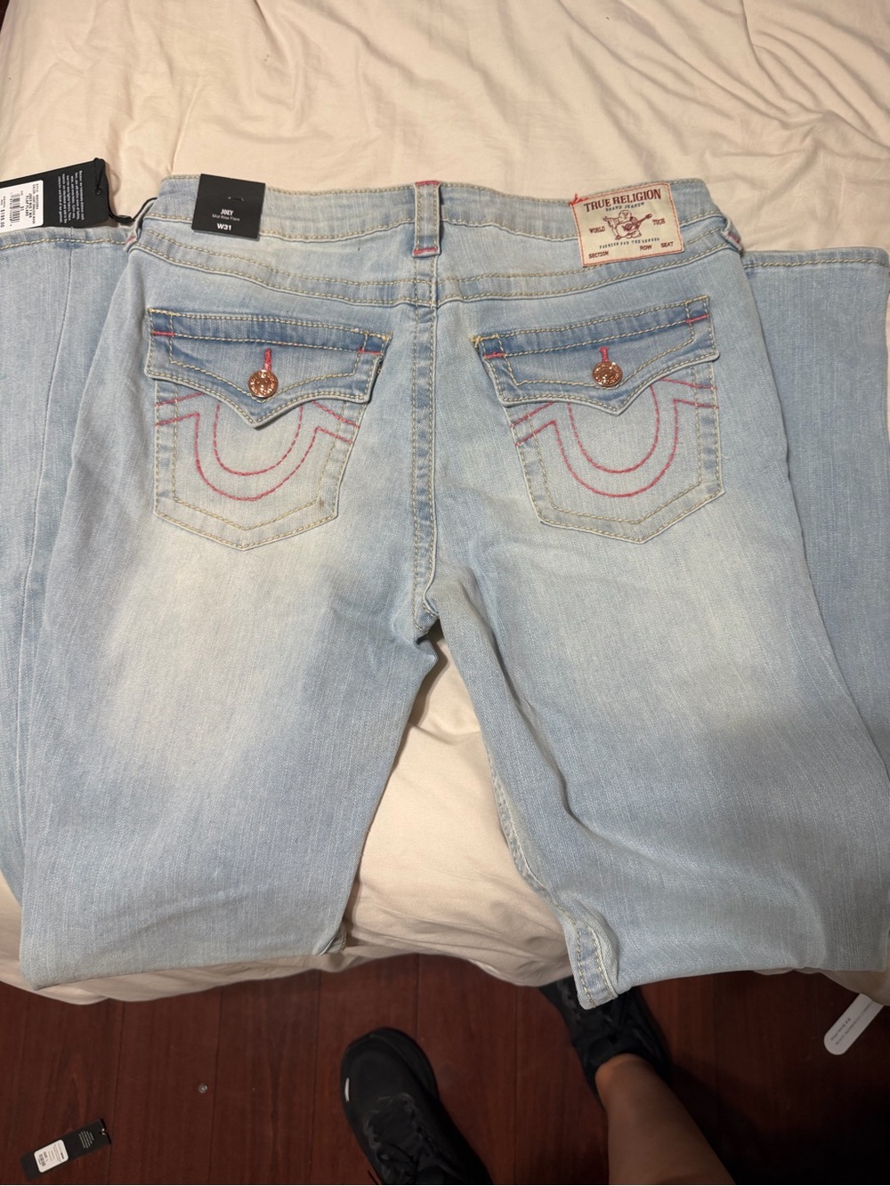 True Religion Light Blue Bootcut Jeans with Pink Accent Stitching